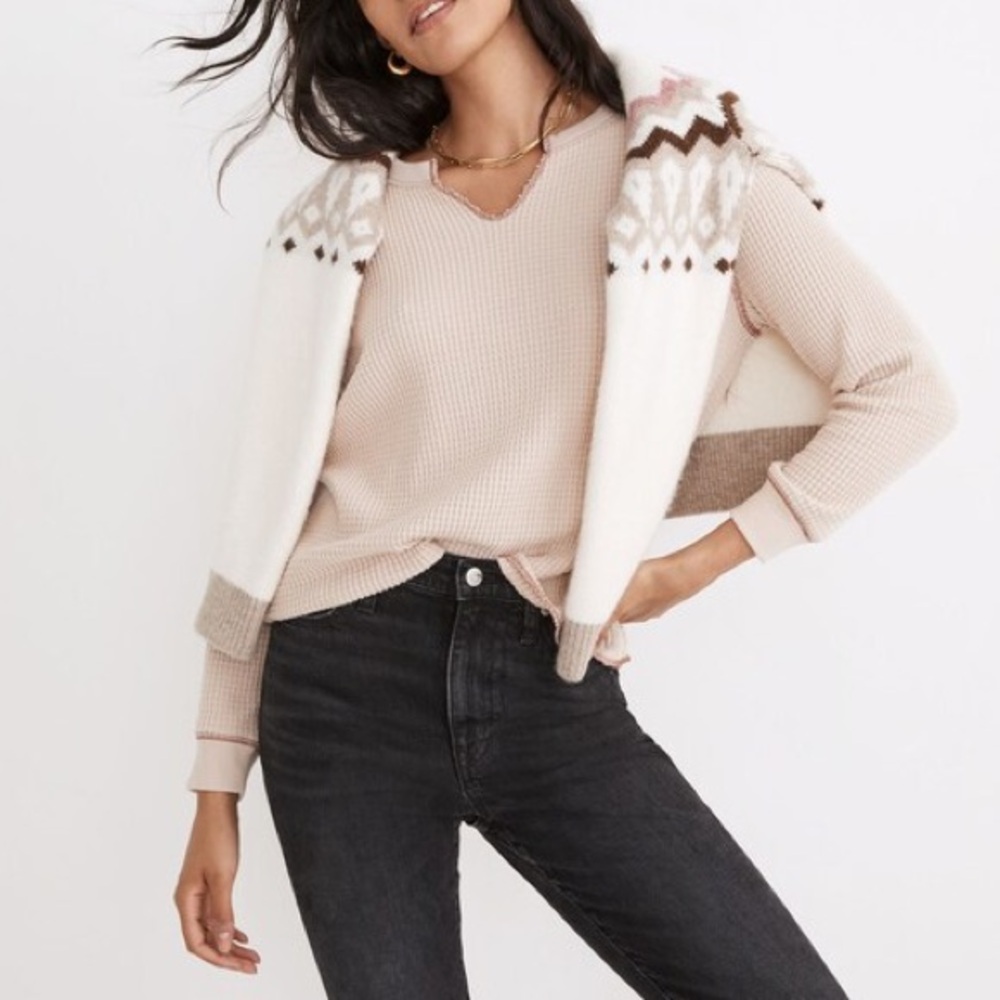 Madewell Waffle Thermal Split-Neck Crop Long Sleeve Tee in Antique‎ Cream